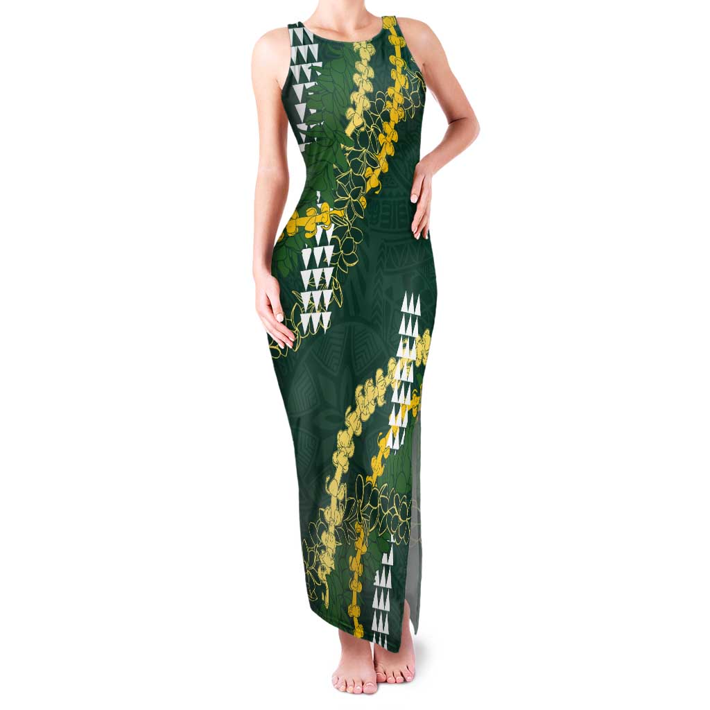 Hawaii Aloha Kakau Tank Maxi Dress Green Puakenikeni and Maile Lei Twist