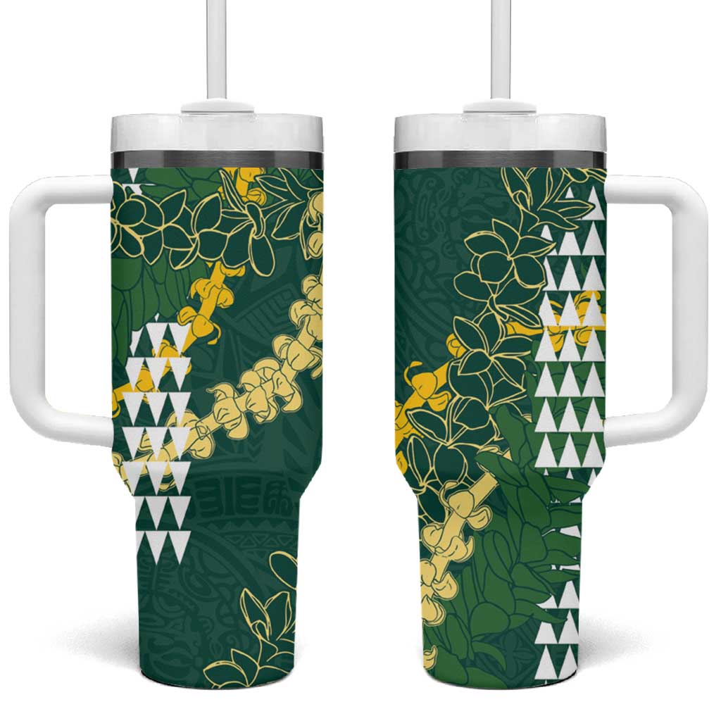 Hawaii Aloha Kakau Tumbler With Handle Green Puakenikeni and Maile Lei Twist