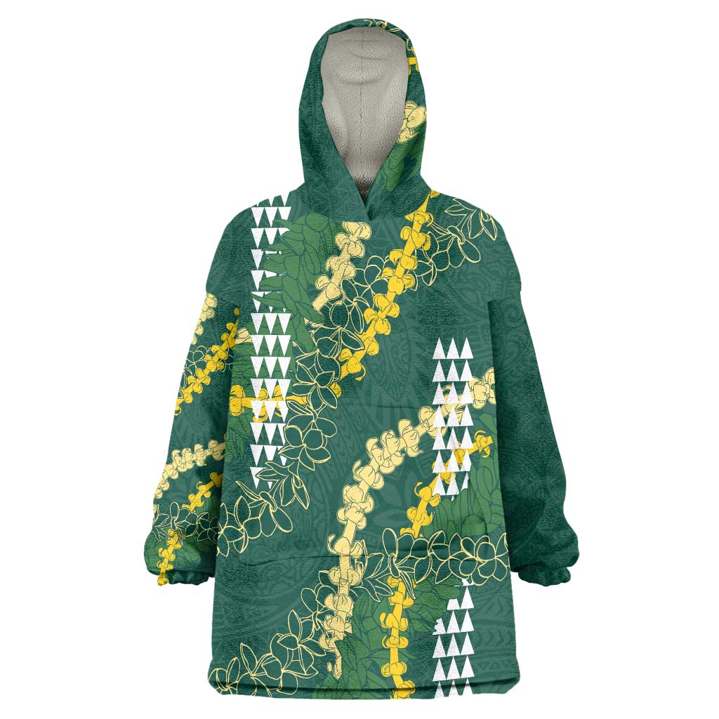 Hawaii Aloha Kakau Wearable Blanket Hoodie Green Puakenikeni and Maile Lei Twist