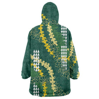 Hawaii Aloha Kakau Wearable Blanket Hoodie Green Puakenikeni and Maile Lei Twist