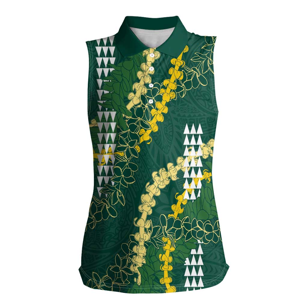 Hawaii Aloha Kakau Women Sleeveless Polo Shirt Green Puakenikeni and Maile Lei Twist