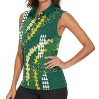 Hawaii Aloha Kakau Women Sleeveless Polo Shirt Green Puakenikeni and Maile Lei Twist
