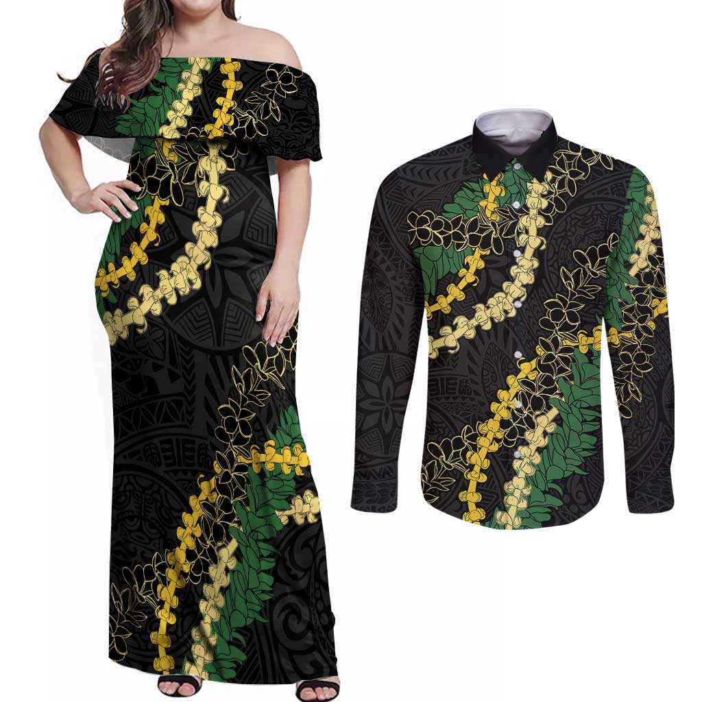 Hawaii Puakenikeni - Maile Lei Couples Matching Off Shoulder Maxi Dress and Long Sleeve Button Shirt Obsidian Black