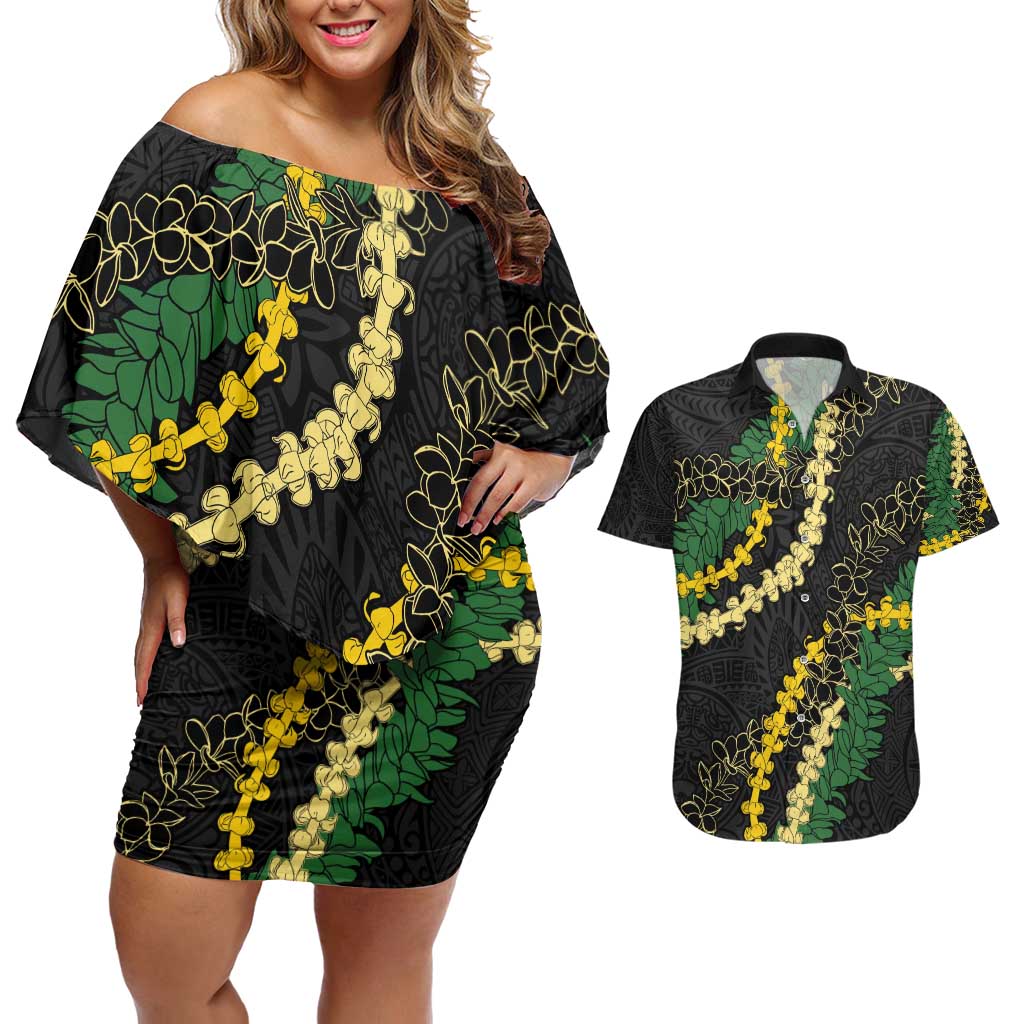 Hawaii Puakenikeni - Maile Lei Couples Matching Off Shoulder Short Dress and Hawaiian Shirt Obsidian Black
