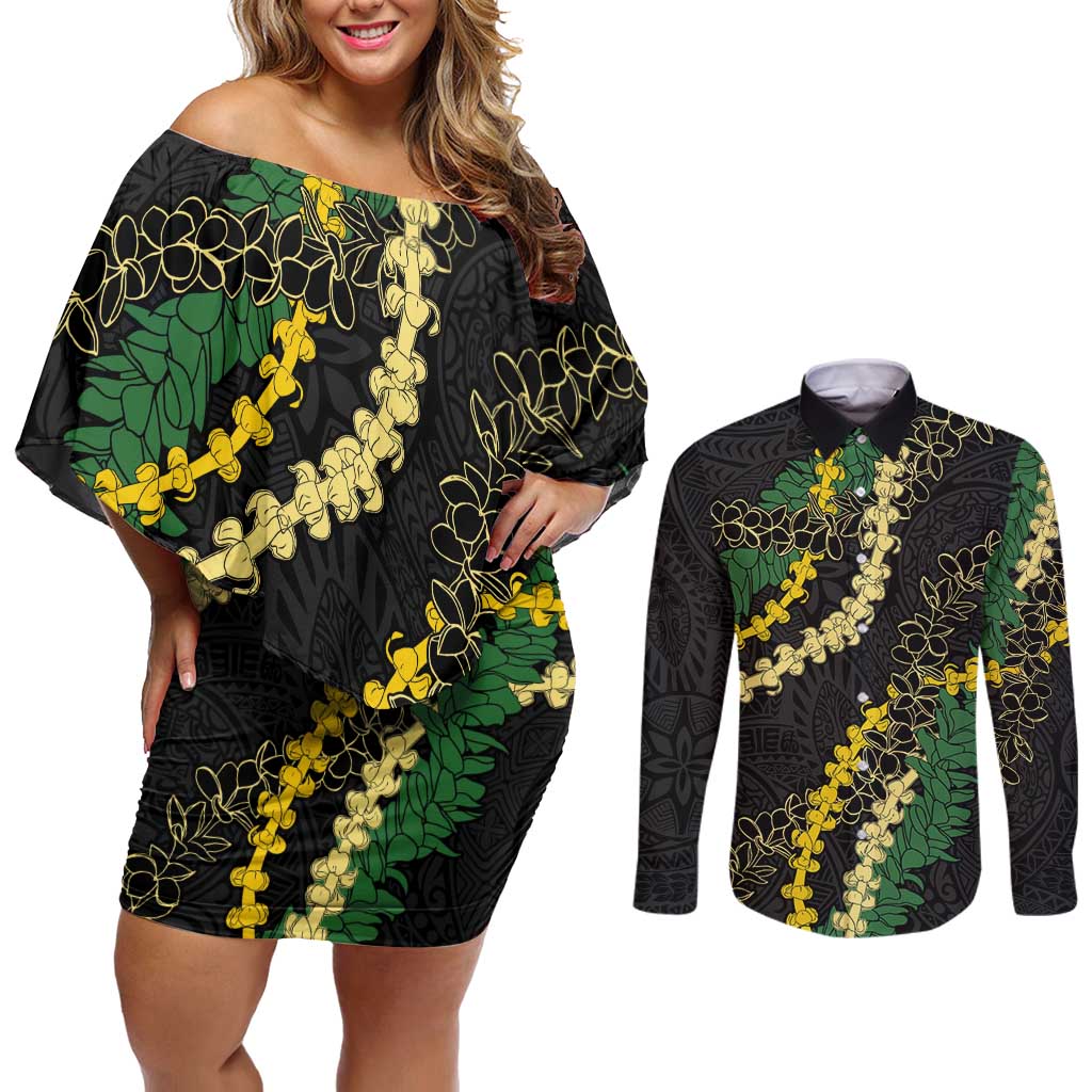 Hawaii Puakenikeni - Maile Lei Couples Matching Off Shoulder Short Dress and Long Sleeve Button Shirt Obsidian Black