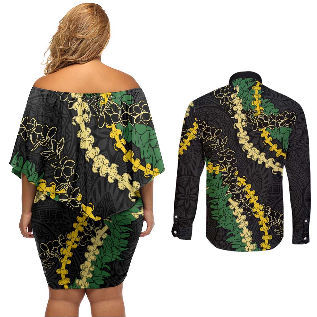 Hawaii Puakenikeni - Maile Lei Couples Matching Off Shoulder Short Dress and Long Sleeve Button Shirt Obsidian Black