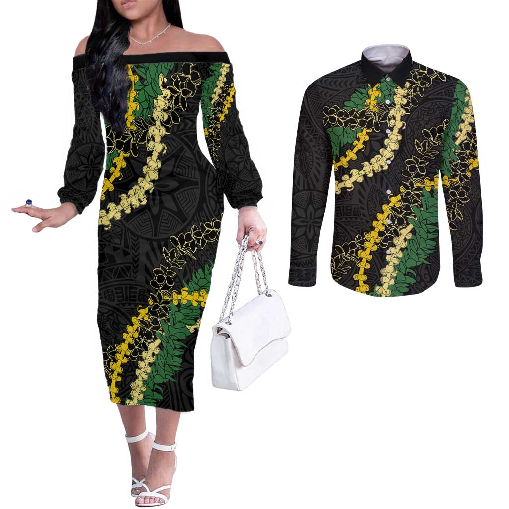 Hawaii Puakenikeni - Maile Lei Couples Matching Off The Shoulder Long Sleeve Dress and Long Sleeve Button Shirt Obsidian Black