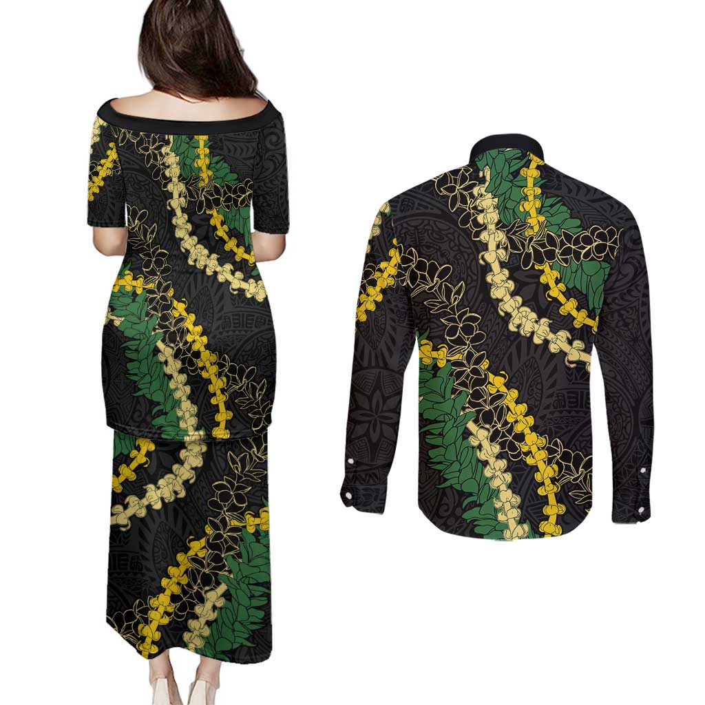Hawaii Puakenikeni - Maile Lei Couples Matching Puletasi and Long Sleeve Button Shirt Obsidian Black