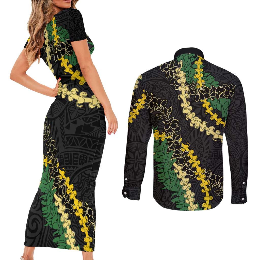 Hawaii Puakenikeni - Maile Lei Couples Matching Short Sleeve Bodycon Dress and Long Sleeve Button Shirt Obsidian Black