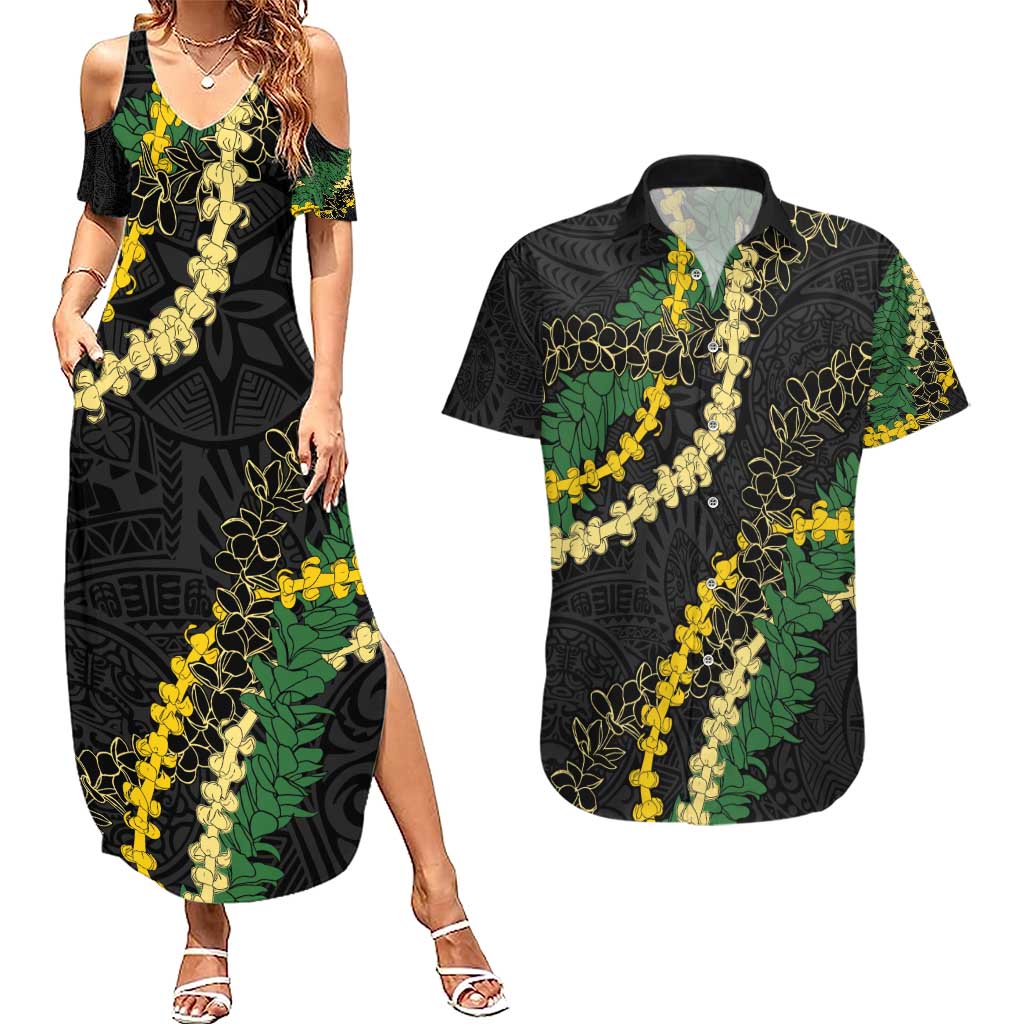 Hawaii Puakenikeni - Maile Lei Couples Matching Summer Maxi Dress and Hawaiian Shirt Obsidian Black