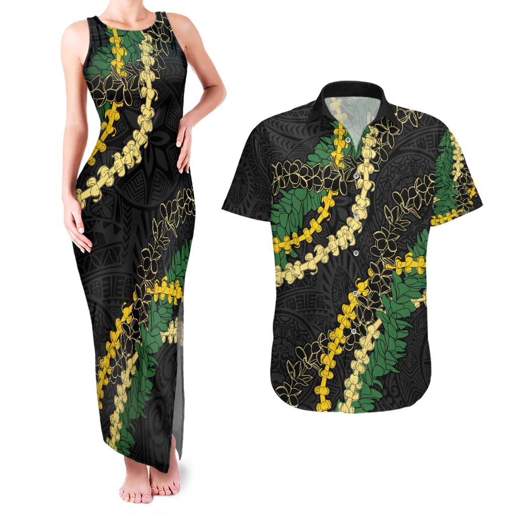 Hawaii Puakenikeni - Maile Lei Couples Matching Tank Maxi Dress and Hawaiian Shirt Obsidian Black