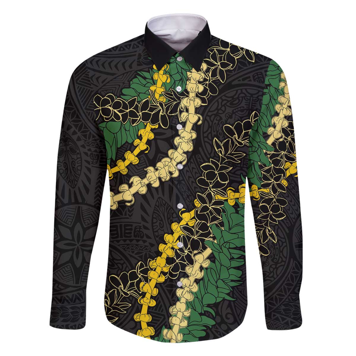 Hawaii Puakenikeni - Maile Lei Family Matching Off The Shoulder Long Sleeve Dress and Hawaiian Shirt Obsidian Black