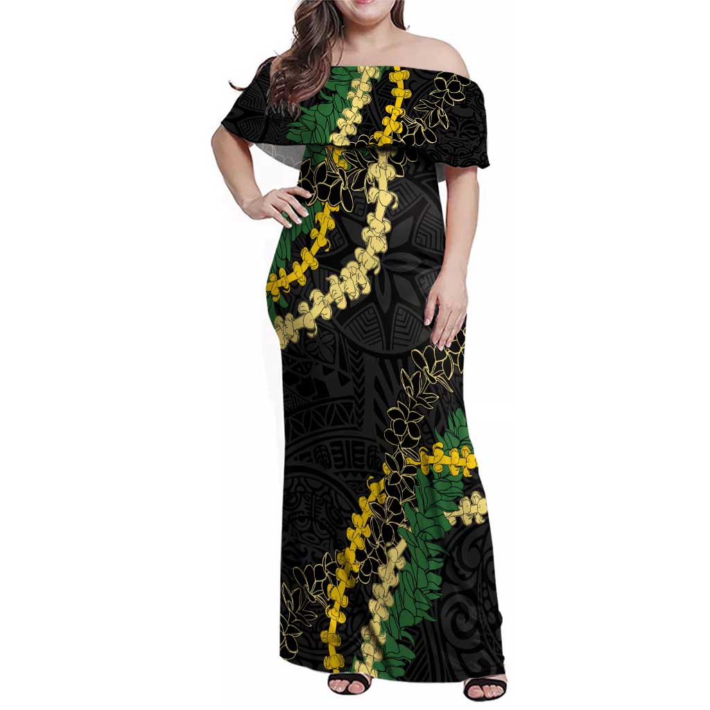 Hawaii Puakenikeni - Maile Lei Family Matching Off Shoulder Maxi Dress and Hawaiian Shirt Obsidian Black