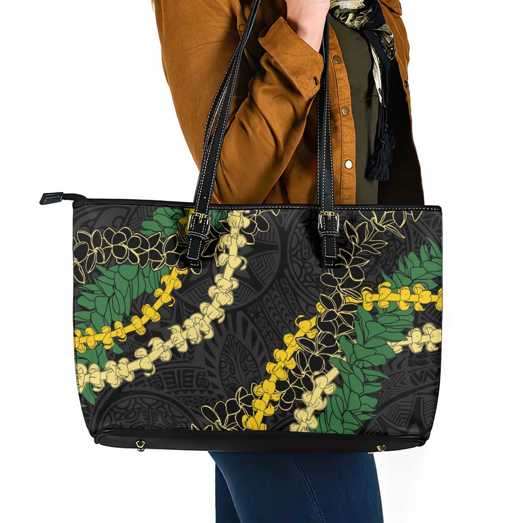 Hawaii Puakenikeni - Maile Lei Leather Tote Bag Obsidian Black