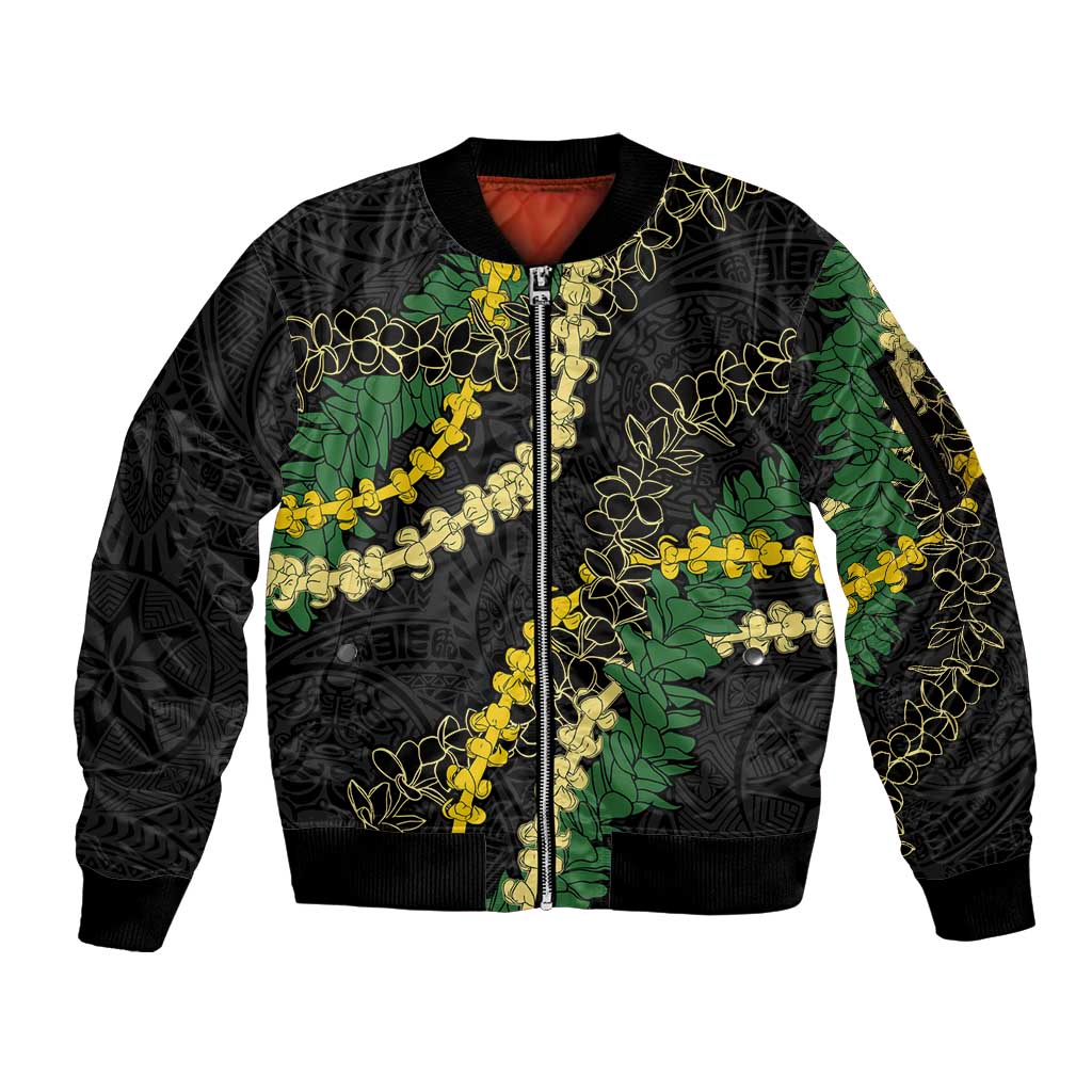 Hawaii Puakenikeni - Maile Lei Sleeve Zip Bomber Jacket Obsidian Black