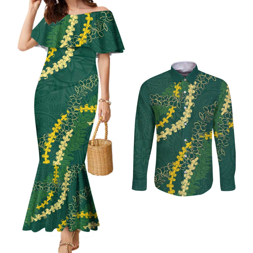 Hawaii Puakenikeni - Maile Lei Couples Matching Mermaid Dress and Long Sleeve Button Shirt Sage Green