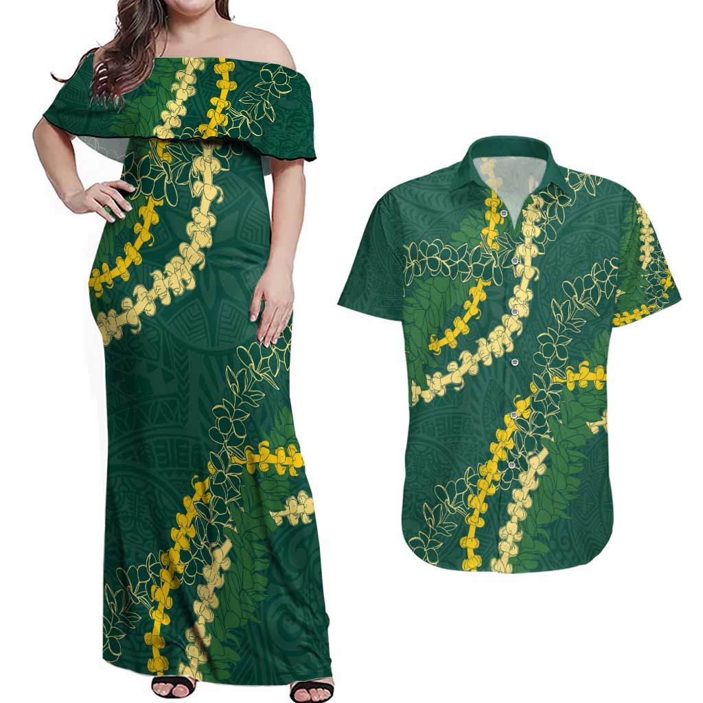 Hawaii Puakenikeni - Maile Lei Couples Matching Off Shoulder Maxi Dress and Hawaiian Shirt Sage Green