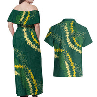 Hawaii Puakenikeni - Maile Lei Couples Matching Off Shoulder Maxi Dress and Hawaiian Shirt Sage Green