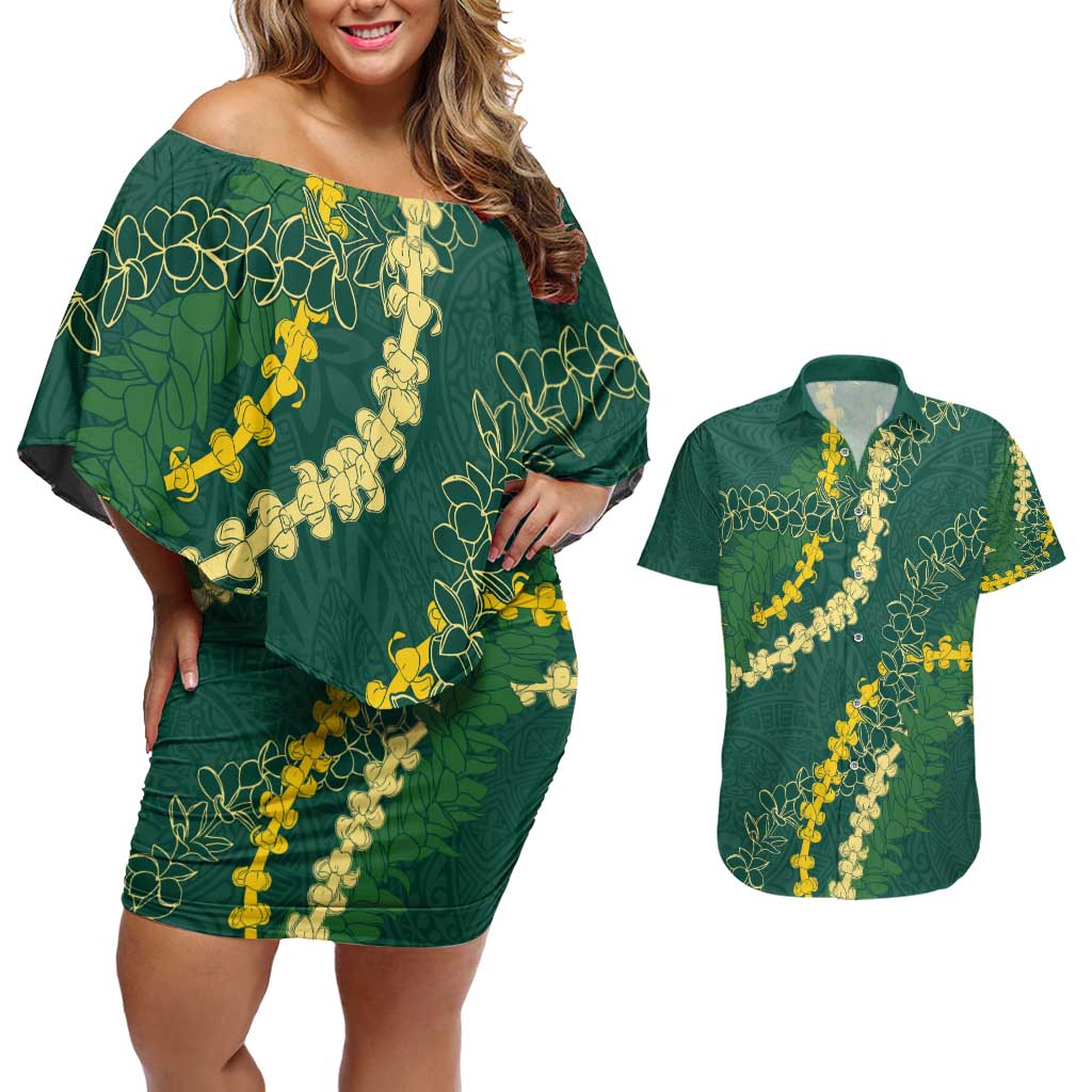 Hawaii Puakenikeni - Maile Lei Couples Matching Off Shoulder Short Dress and Hawaiian Shirt Sage Green