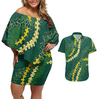 Hawaii Puakenikeni - Maile Lei Couples Matching Off Shoulder Short Dress and Hawaiian Shirt Sage Green