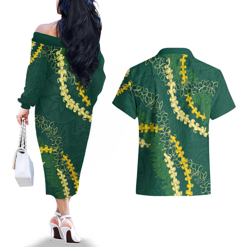 Hawaii Puakenikeni - Maile Lei Couples Matching Off The Shoulder Long Sleeve Dress and Hawaiian Shirt Sage Green
