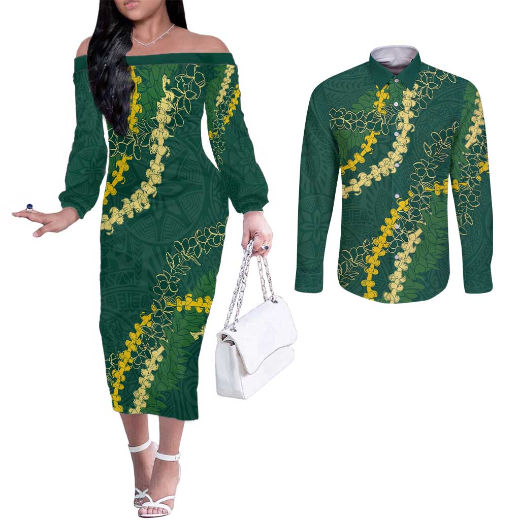 Hawaii Puakenikeni - Maile Lei Couples Matching Off The Shoulder Long Sleeve Dress and Long Sleeve Button Shirt Sage Green