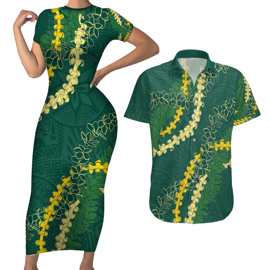 Hawaii Puakenikeni - Maile Lei Couples Matching Short Sleeve Bodycon Dress and Hawaiian Shirt Sage Green