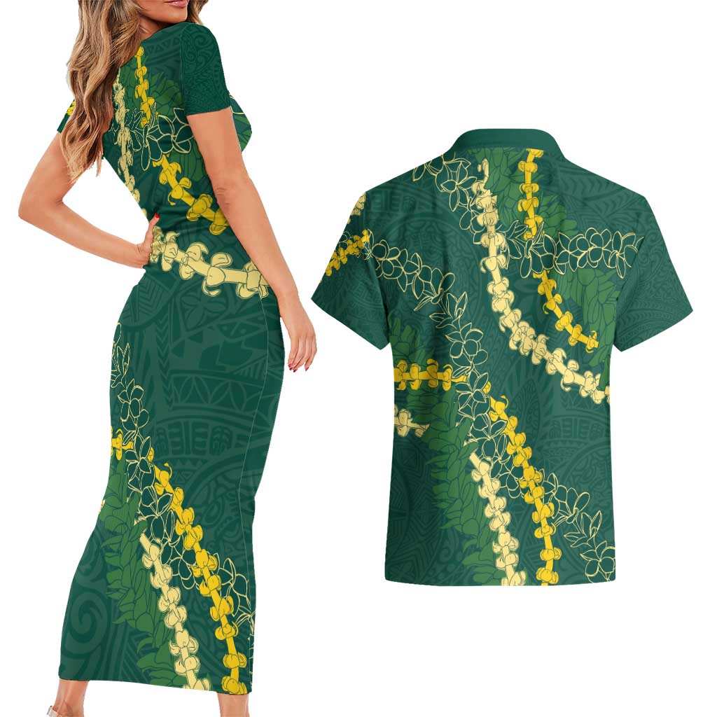 Hawaii Puakenikeni - Maile Lei Couples Matching Short Sleeve Bodycon Dress and Hawaiian Shirt Sage Green