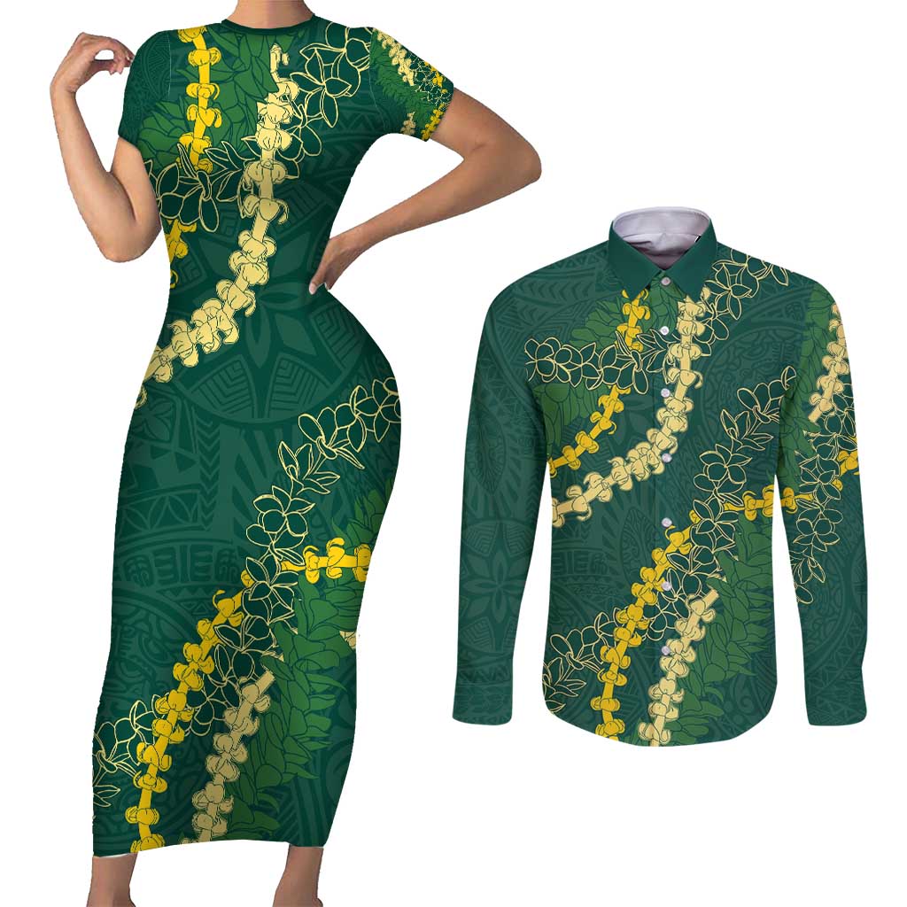 Hawaii Puakenikeni - Maile Lei Couples Matching Short Sleeve Bodycon Dress and Long Sleeve Button Shirt Sage Green