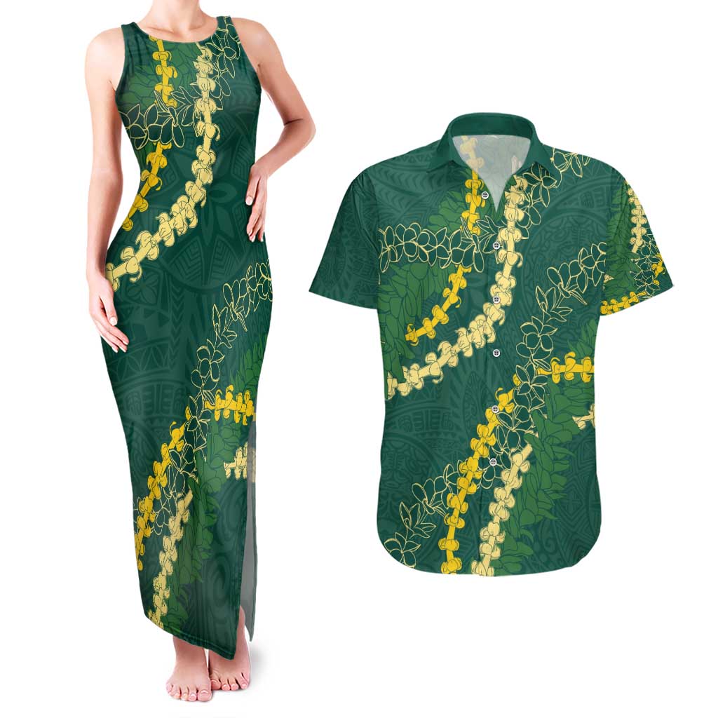 Hawaii Puakenikeni - Maile Lei Couples Matching Tank Maxi Dress and Hawaiian Shirt Sage Green