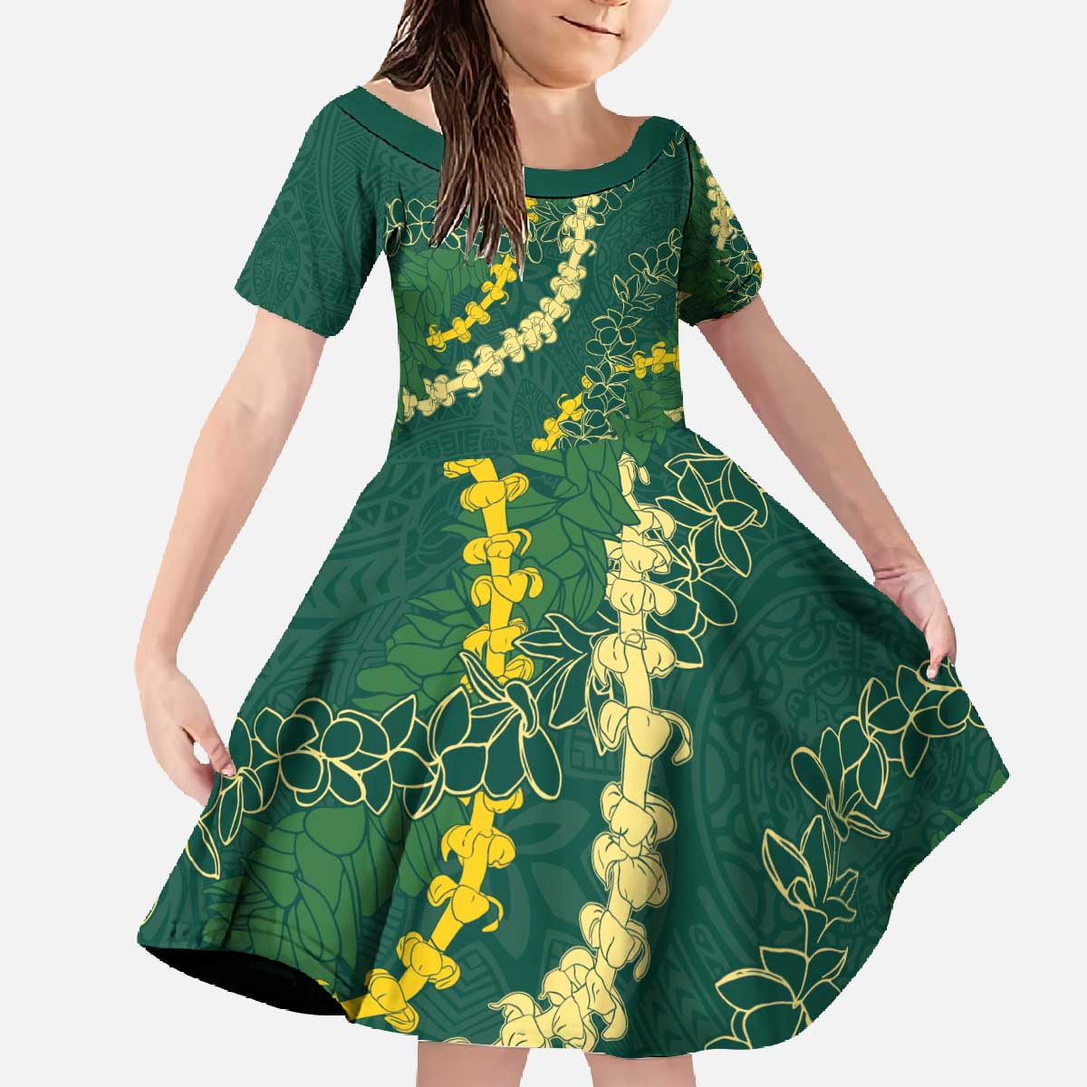 Hawaii Puakenikeni - Maile Lei Family Matching Off The Shoulder Long Sleeve Dress and Hawaiian Shirt Sage Green