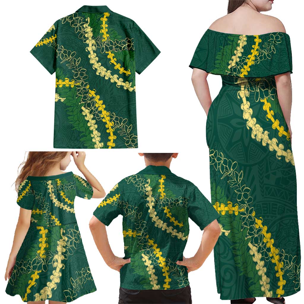 Hawaii Puakenikeni - Maile Lei Family Matching Off Shoulder Maxi Dress and Hawaiian Shirt Sage Green