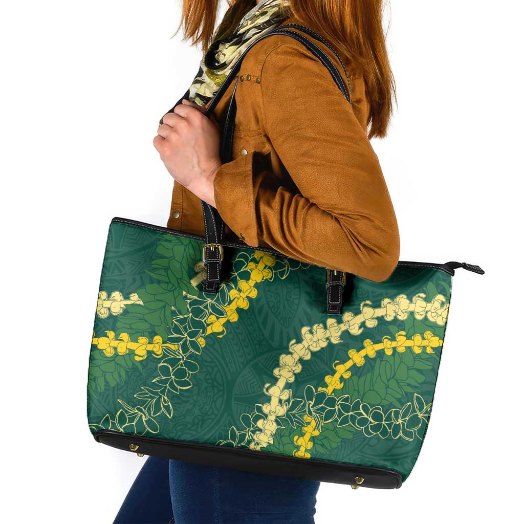 Hawaii Puakenikeni - Maile Lei Leather Tote Bag Sage Green