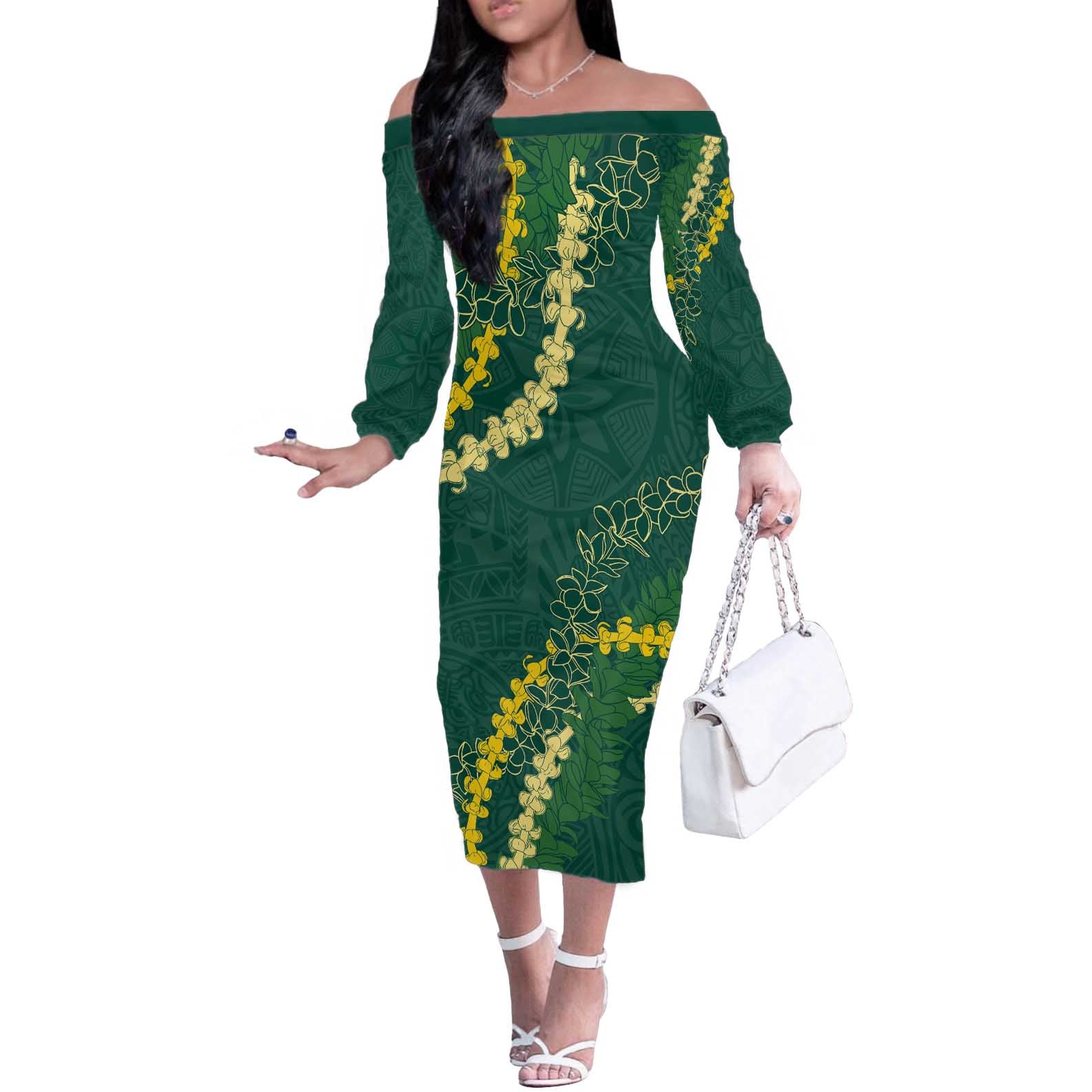 Hawaii Puakenikeni - Maile Lei Off The Shoulder Long Sleeve Dress Sage Green