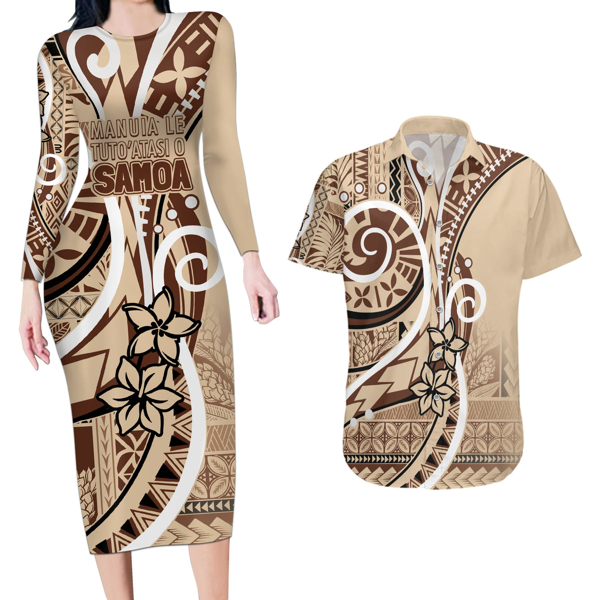 Samoa Siapo Classic Motif Couples Matching Long Sleeve Bodycon Dress and Hawaiian Shirt Manuia le tutoatasi o Samoa Independence LT7 Beige - Polynesian Pride