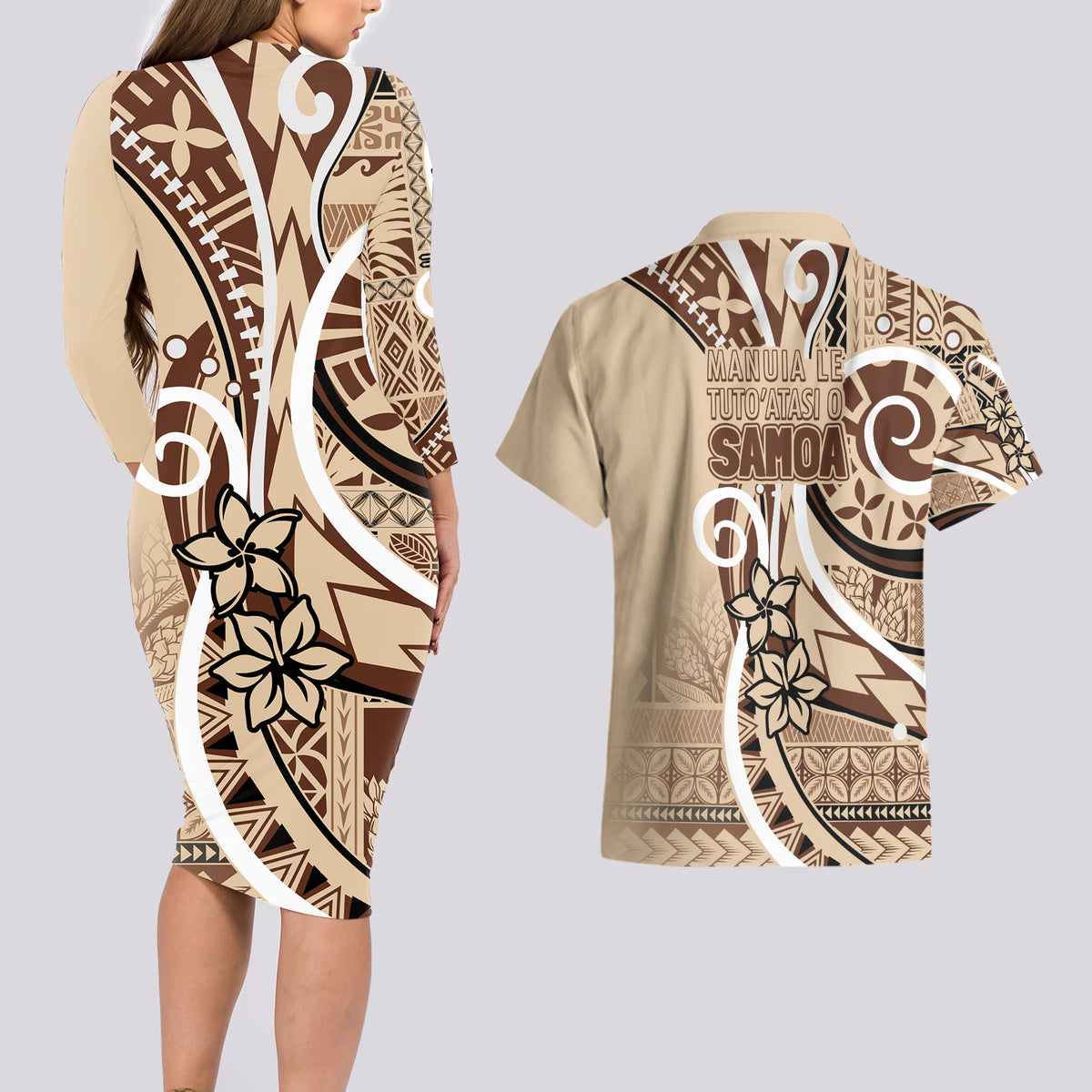 Samoa Siapo Classic Motif Couples Matching Long Sleeve Bodycon Dress and Hawaiian Shirt Manuia le tutoatasi o Samoa Independence LT7 - Polynesian Pride