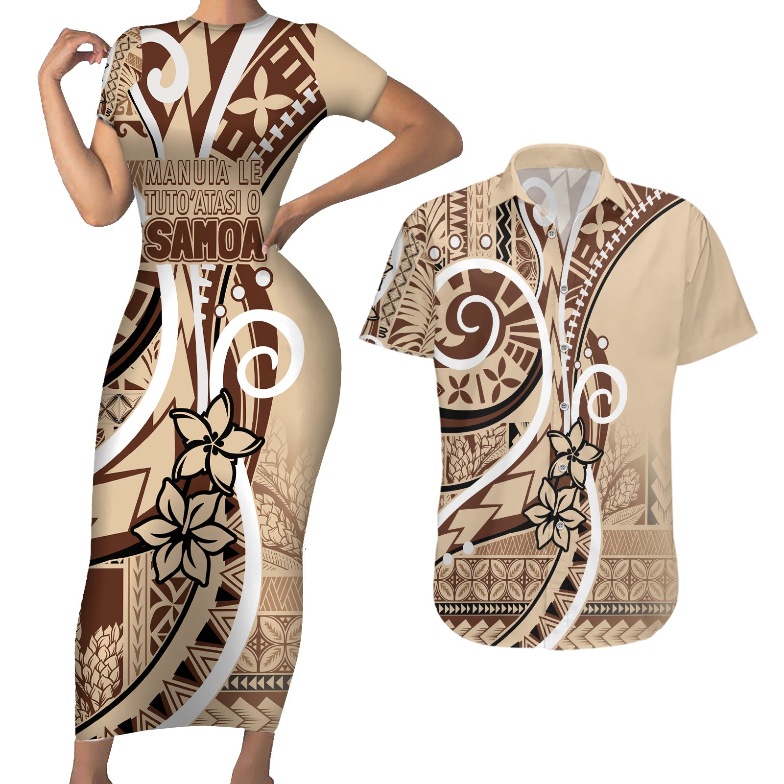 Samoa Siapo Classic Motif Couples Matching Short Sleeve Bodycon Dress and Hawaiian Shirt Manuia le tuto’atasi o Samoa Independence