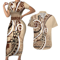 Samoa Siapo Classic Motif Couples Matching Short Sleeve Bodycon Dress and Hawaiian Shirt Manuia le tutoatasi o Samoa Independence LT7 Beige - Polynesian Pride