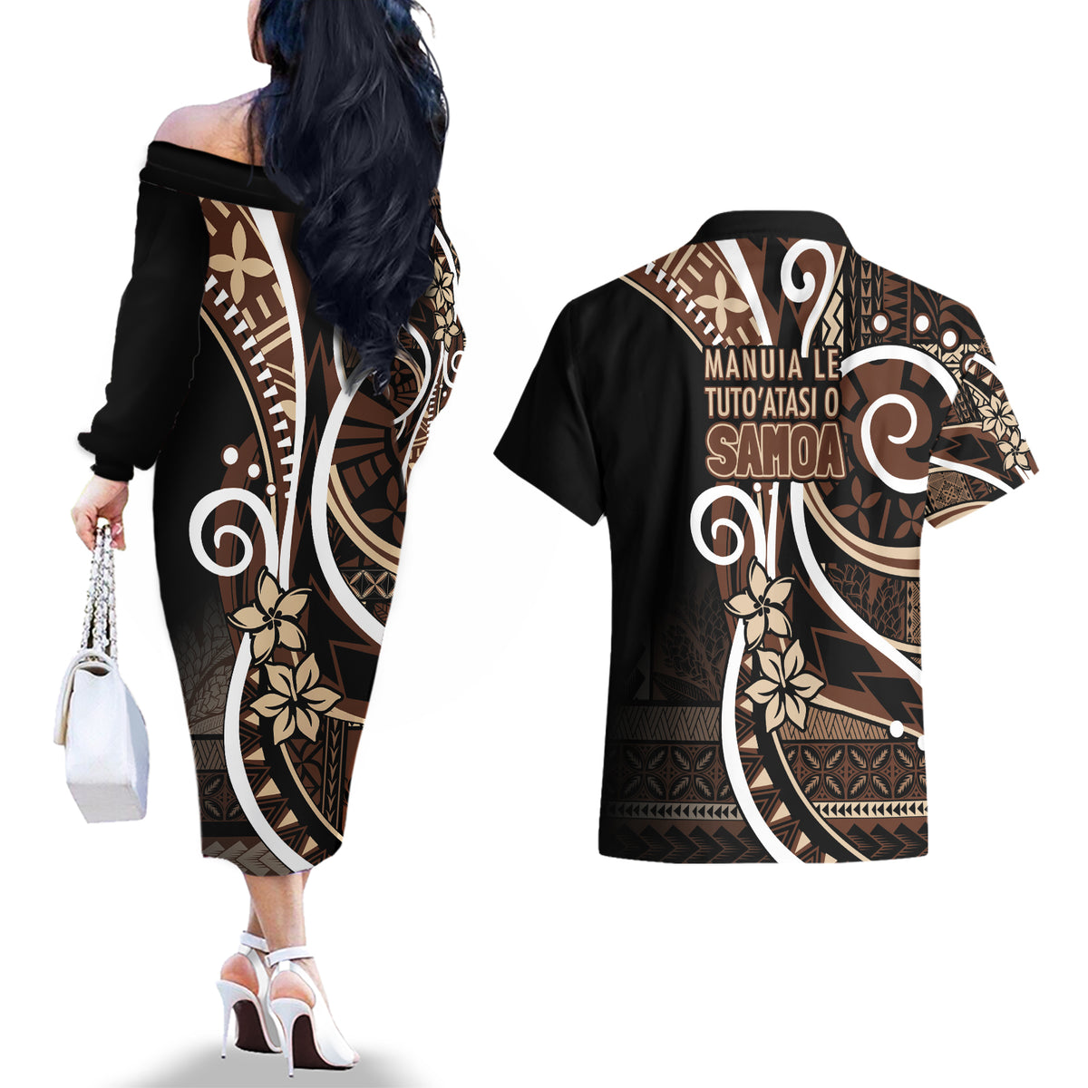 Samoa Siapo Classic Motif Couples Matching Off The Shoulder Long Sleeve Dress and Hawaiian Shirt Manuia le tuto’atasi o Samoa Independence Black Style