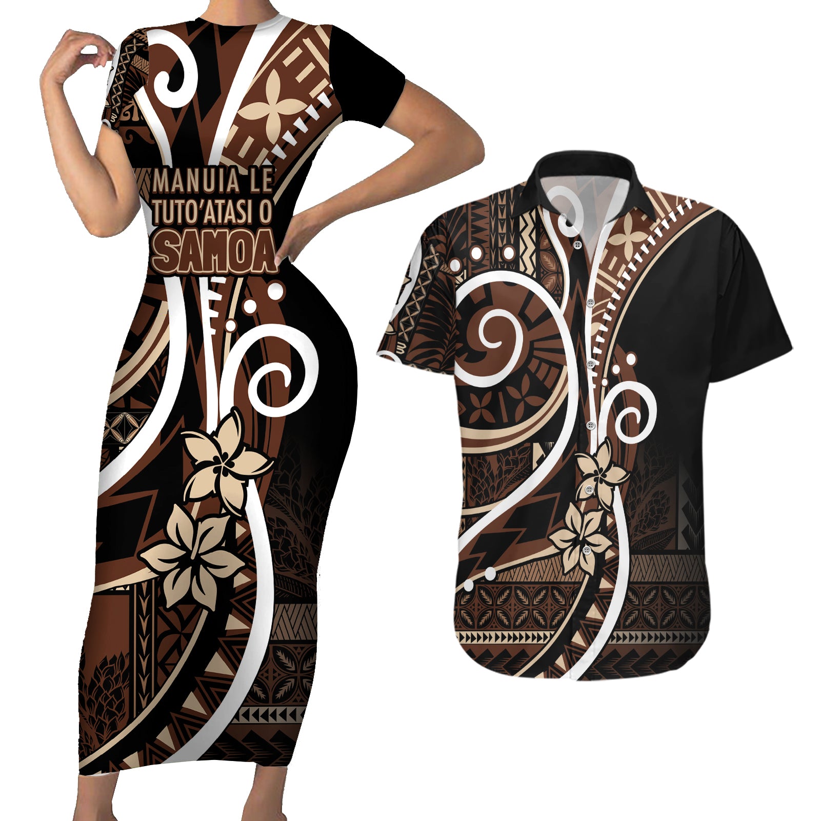 Samoa Siapo Classic Motif Couples Matching Short Sleeve Bodycon Dress and Hawaiian Shirt Manuia le tuto’atasi o Samoa Independence Black Style