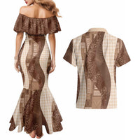 Polynesian Tribal Pattern Patchwork Picturesque Couples Matching Mermaid Dress and Hawaiian Shirt Mocha