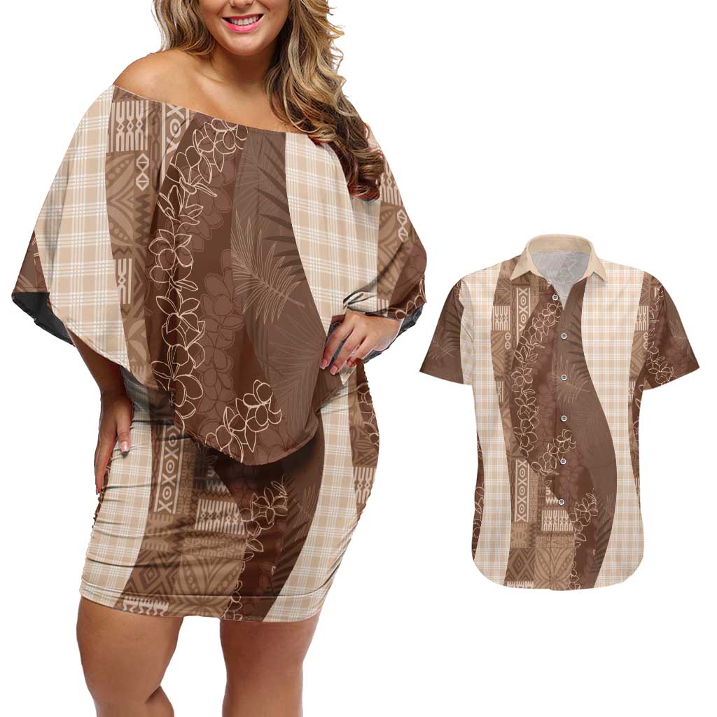 Polynesian Tribal Pattern Patchwork Picturesque Couples Matching Off Shoulder Short Dress and Hawaiian Shirt Mocha