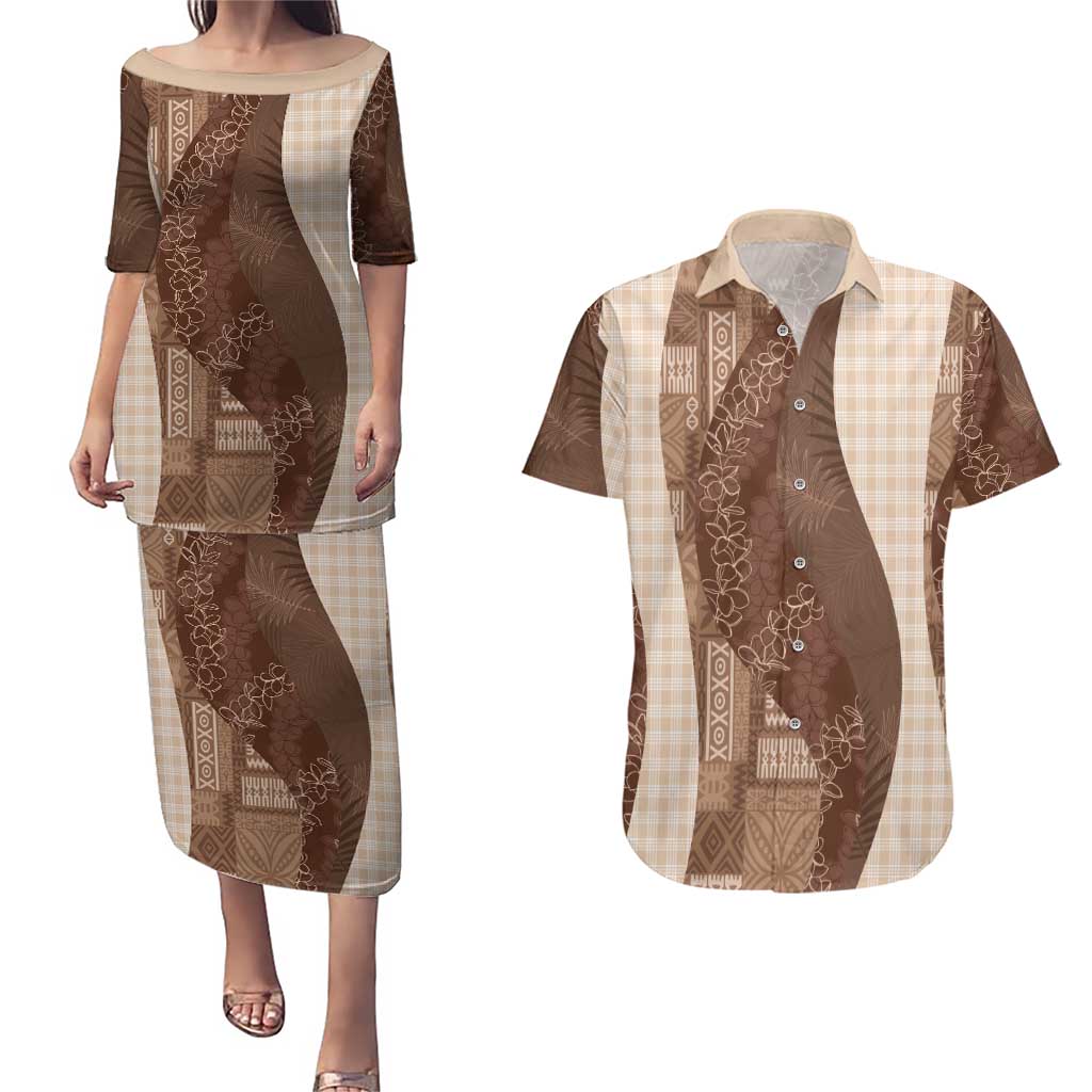 Polynesian Tribal Pattern Patchwork Picturesque Couples Matching Puletasi and Hawaiian Shirt Mocha