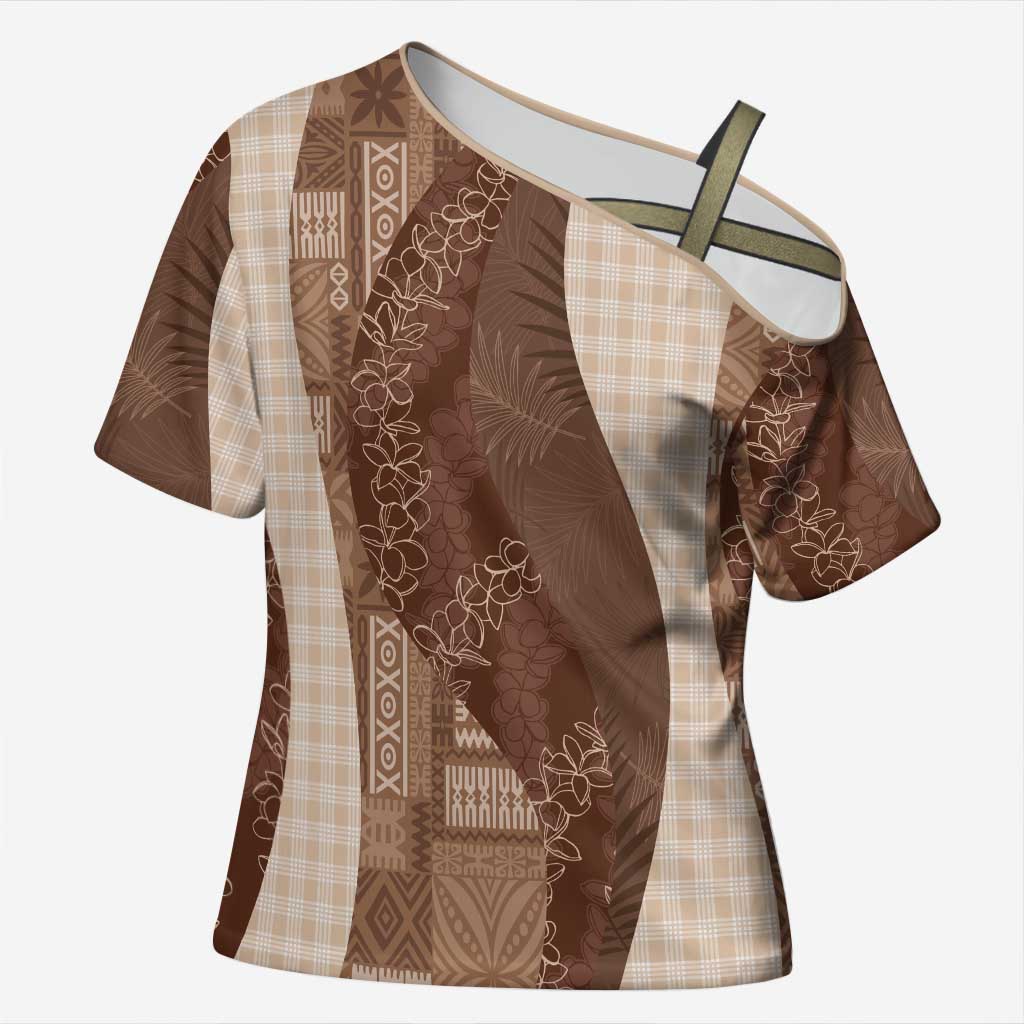 Polynesian Tribal Pattern Patchwork Picturesque Cross Shoulder Shirt Mocha