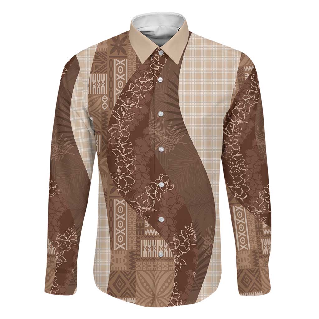 Polynesian Tribal Pattern Patchwork Picturesque Family Matching Long Sleeve Bodycon Dress and Hawaiian Shirt Mocha