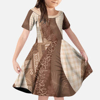 Polynesian Tribal Pattern Patchwork Picturesque Family Matching Off The Shoulder Long Sleeve Dress and Hawaiian Shirt Mocha