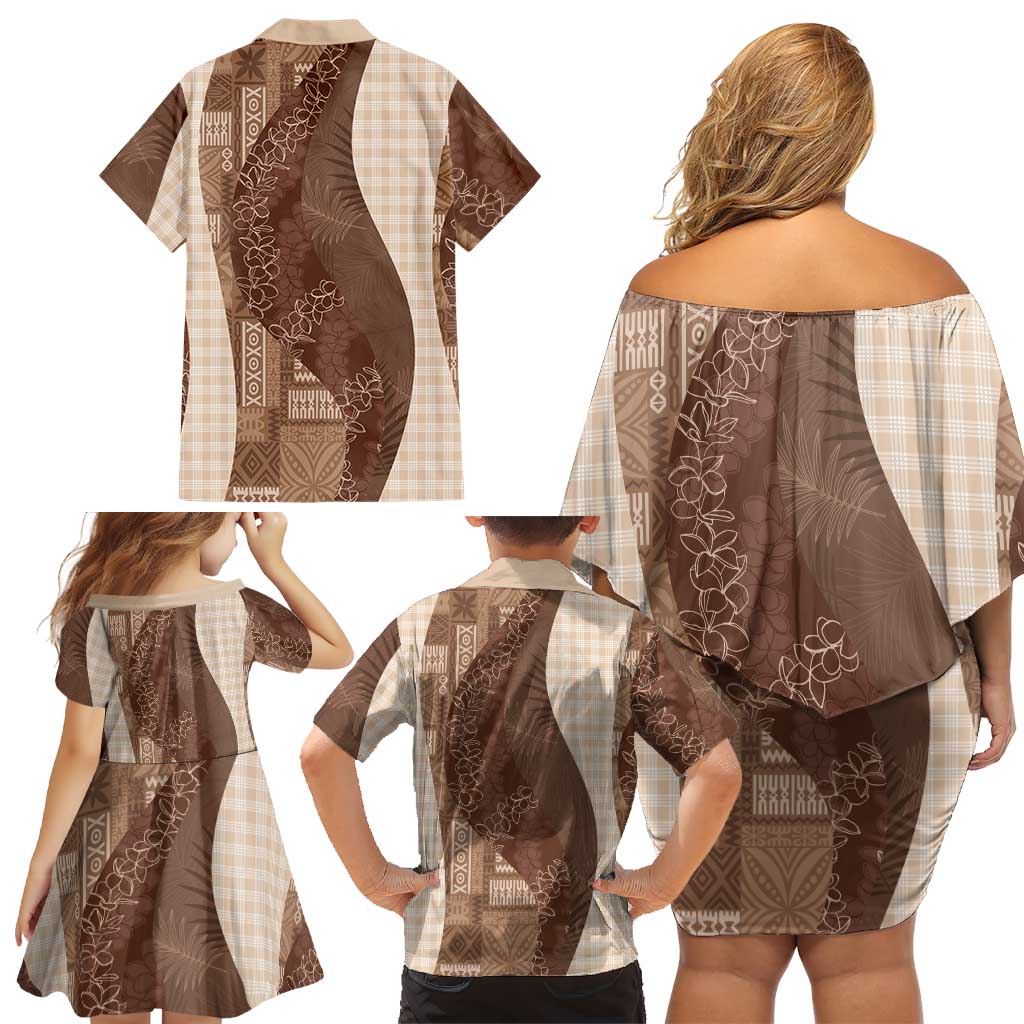 Polynesian Tribal Pattern Patchwork Picturesque Family Matching Off Shoulder Short Dress and Hawaiian Shirt Mocha