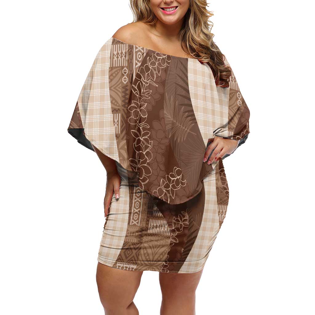 Polynesian Tribal Pattern Patchwork Picturesque Family Matching Off Shoulder Short Dress and Hawaiian Shirt Mocha