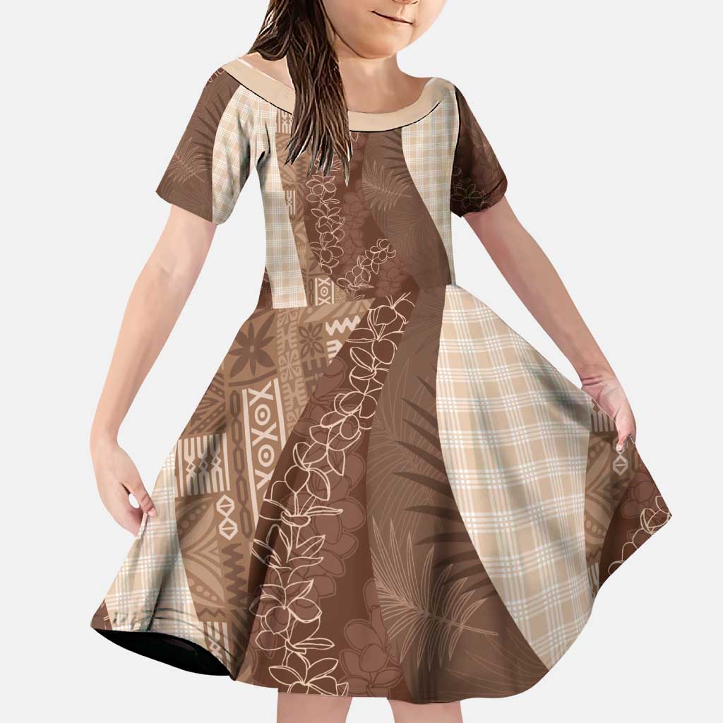 Polynesian Tribal Pattern Patchwork Picturesque Family Matching Short Sleeve Bodycon Dress and Hawaiian Shirt Mocha