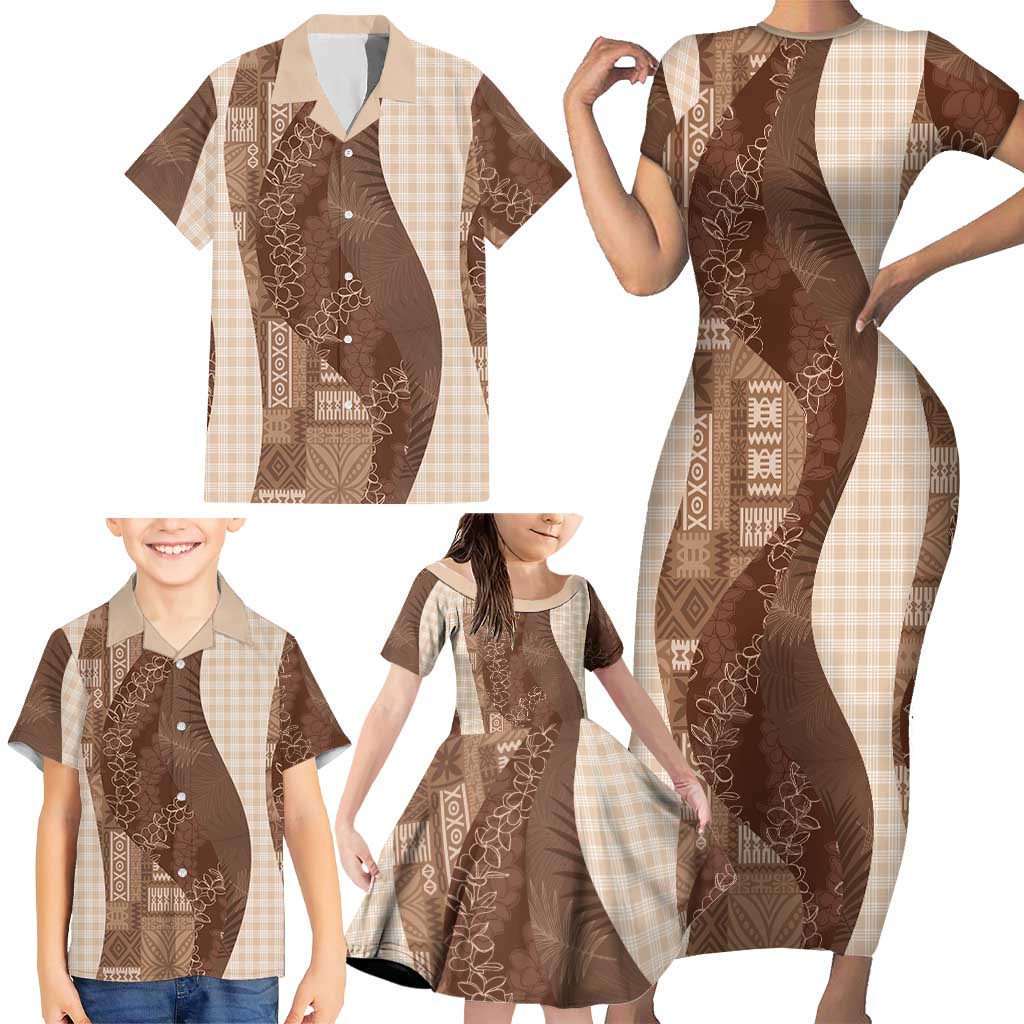 Polynesian Tribal Pattern Patchwork Picturesque Family Matching Short Sleeve Bodycon Dress and Hawaiian Shirt Mocha